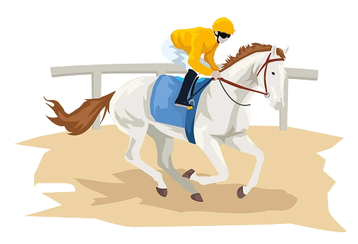 Un jockey vêtu de jaune monte un cheval blanc avec une selle bleue sur une piste de course en terre battue, avec une clôture blanche en arrière-plan.